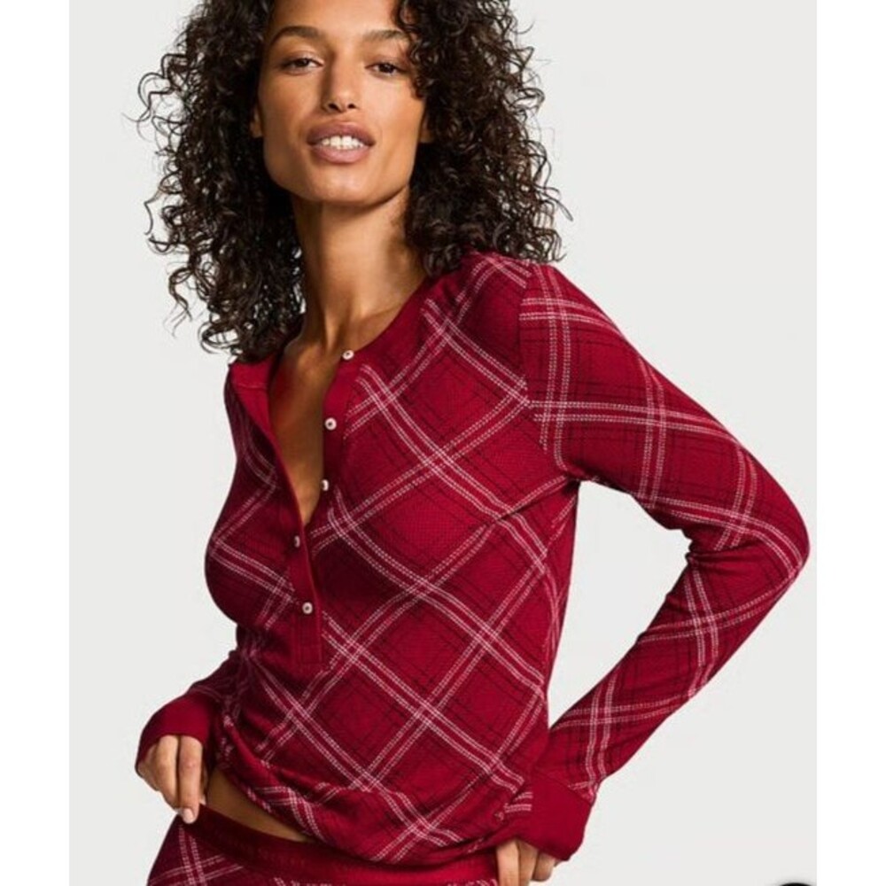Victoria's Secret Waffle Knit Henley Top Long Sleeve Thermal Plaid Print Medium